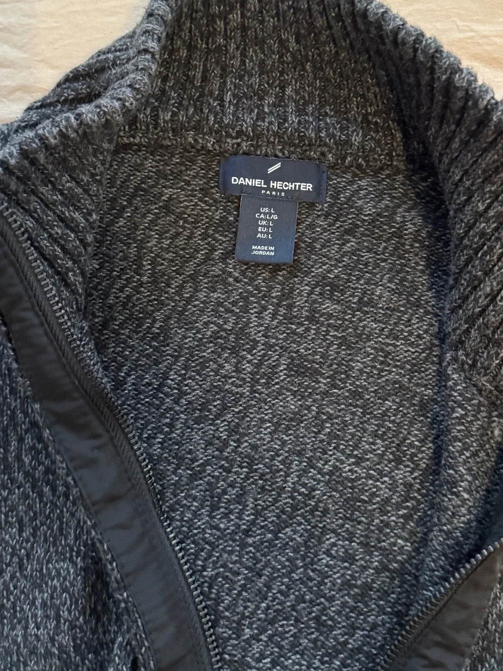 Daniel Hechter Paris Full Zip Gray Knit Cotton Sweater Ribbed Collar Men's L